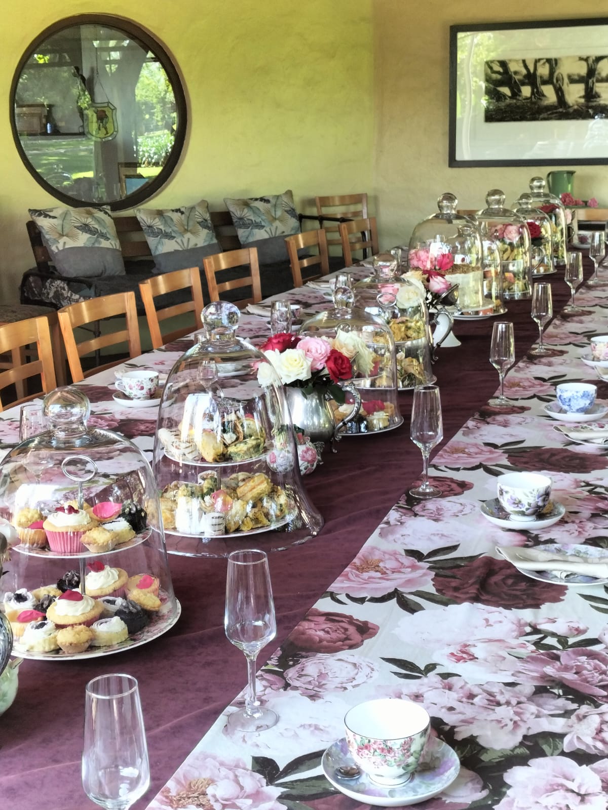 Indoor tea party with tiered trays