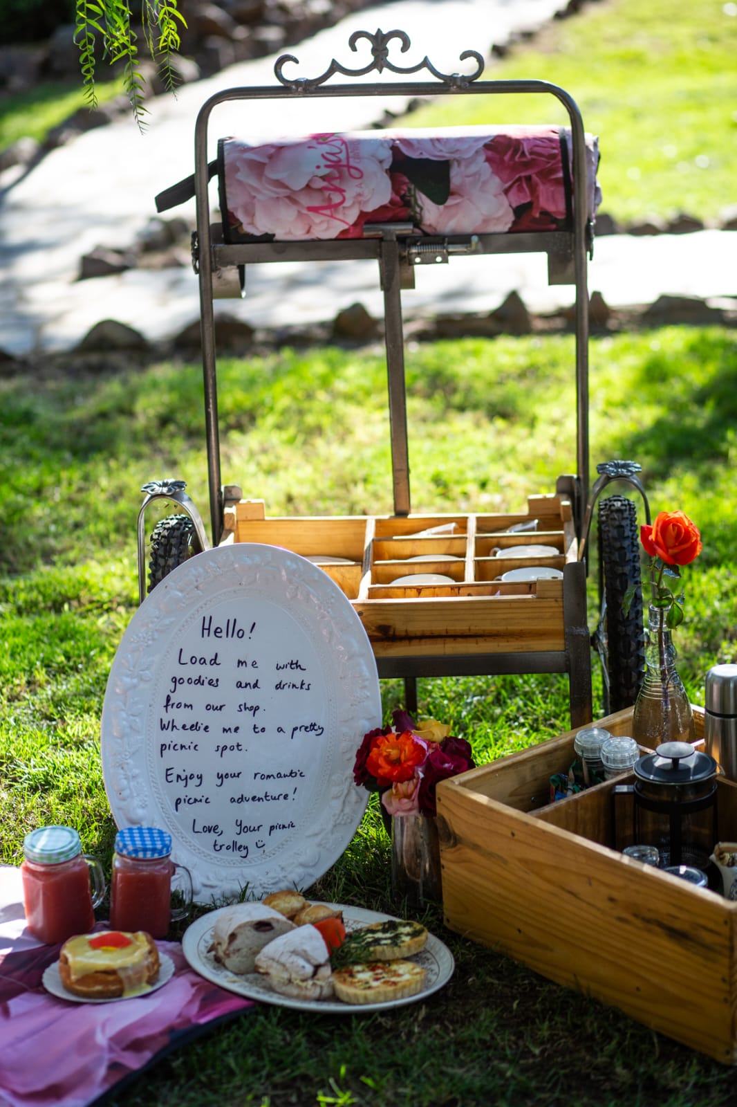 Romantic picnic trolley in garden